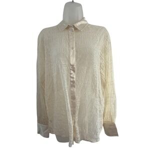Jason Wu Shirt Womens Medium White Lace Sheer Button Front Satin Trim‎ Blouse